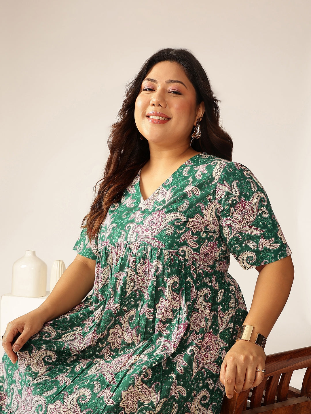 Plus Size Green Pure Cotton Floral Printed Tiered Dress
