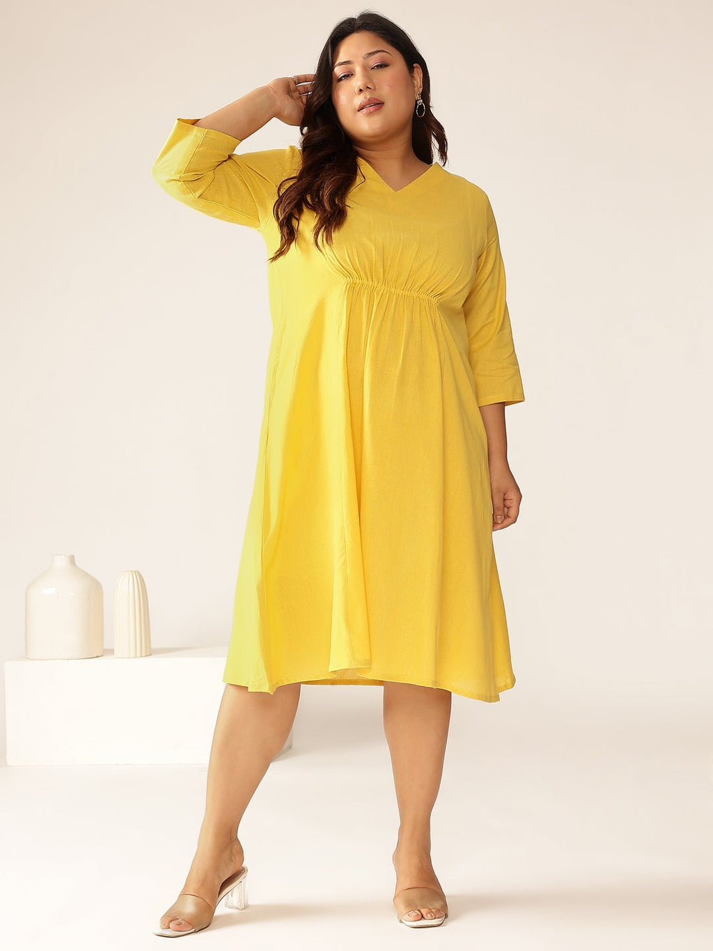 Plus Size Yellow Cotton Solid A-line Dress