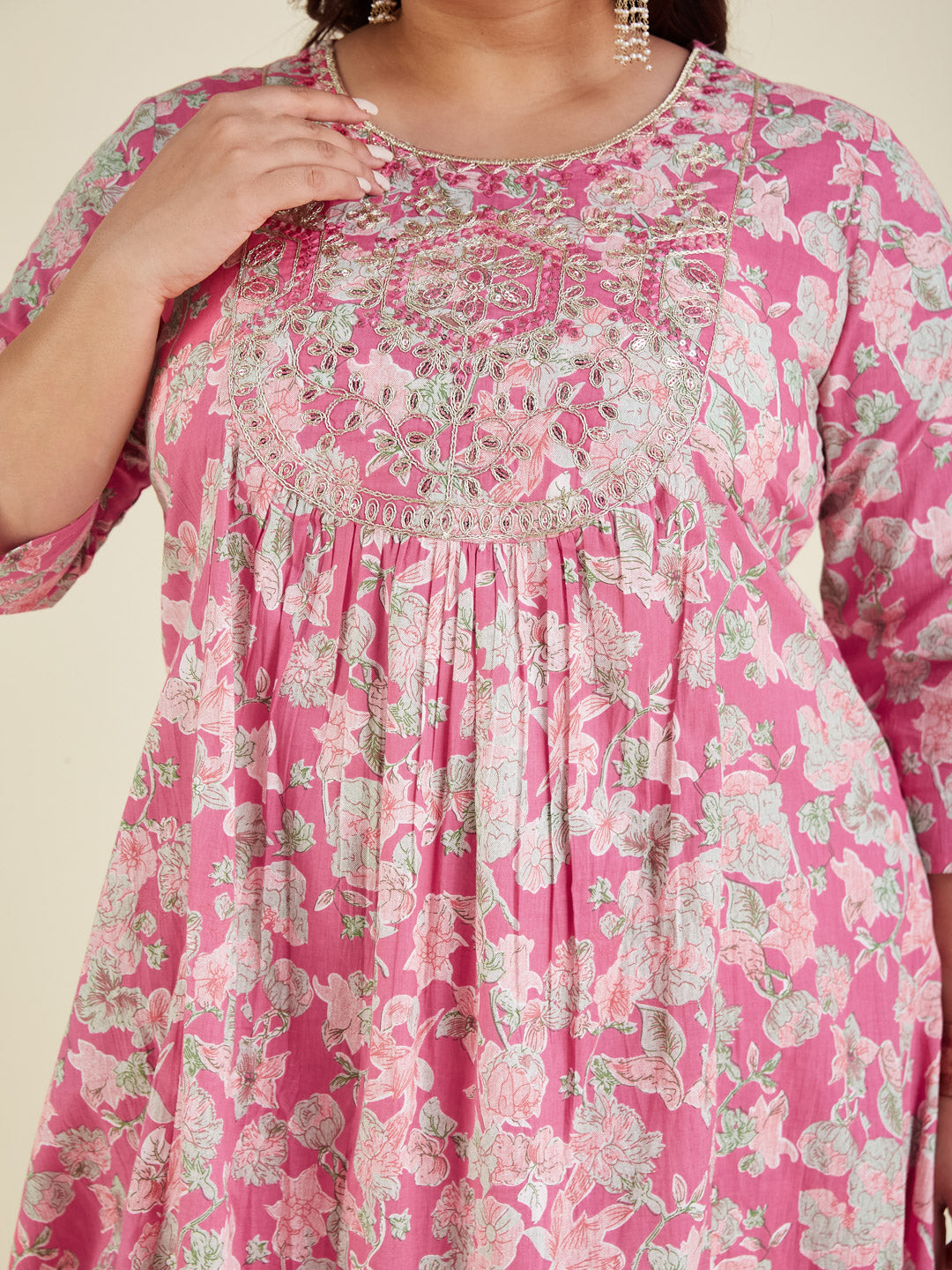 Janasya Women's Plus Size Pink Pure Cotton Yoke Embroidered Floral Printed A-line Kurta Set