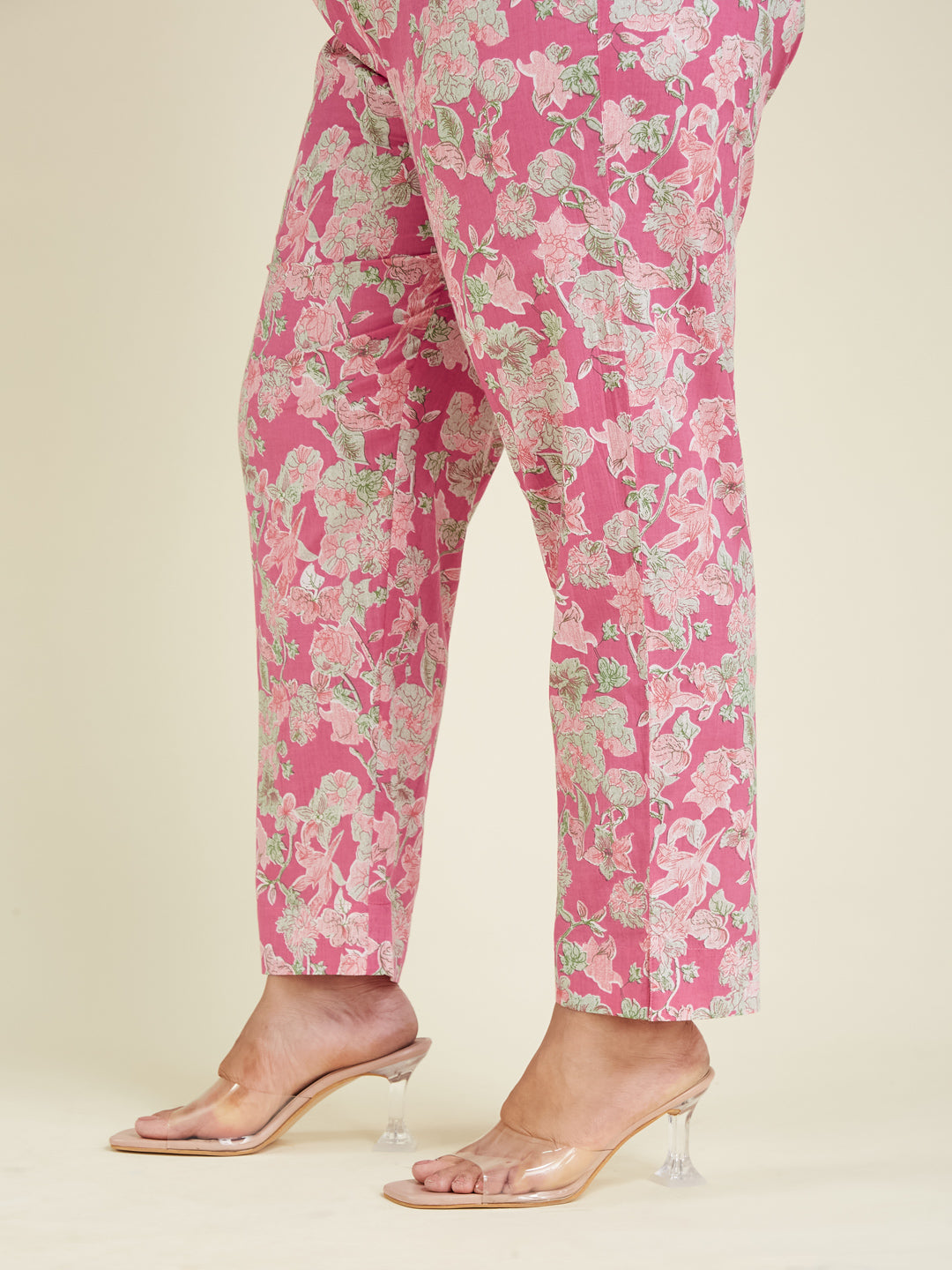 Janasya Women's Plus Size Pink Pure Cotton Yoke Embroidered Floral Printed A-line Kurta Set