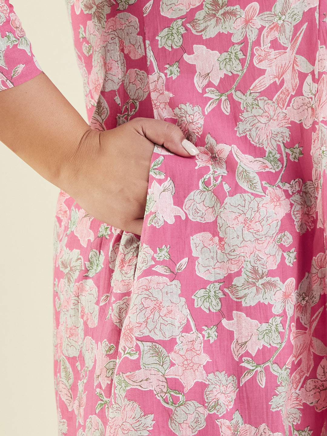 Janasya Women's Plus Size Pink Pure Cotton Yoke Embroidered Floral Printed A-line Kurta Set