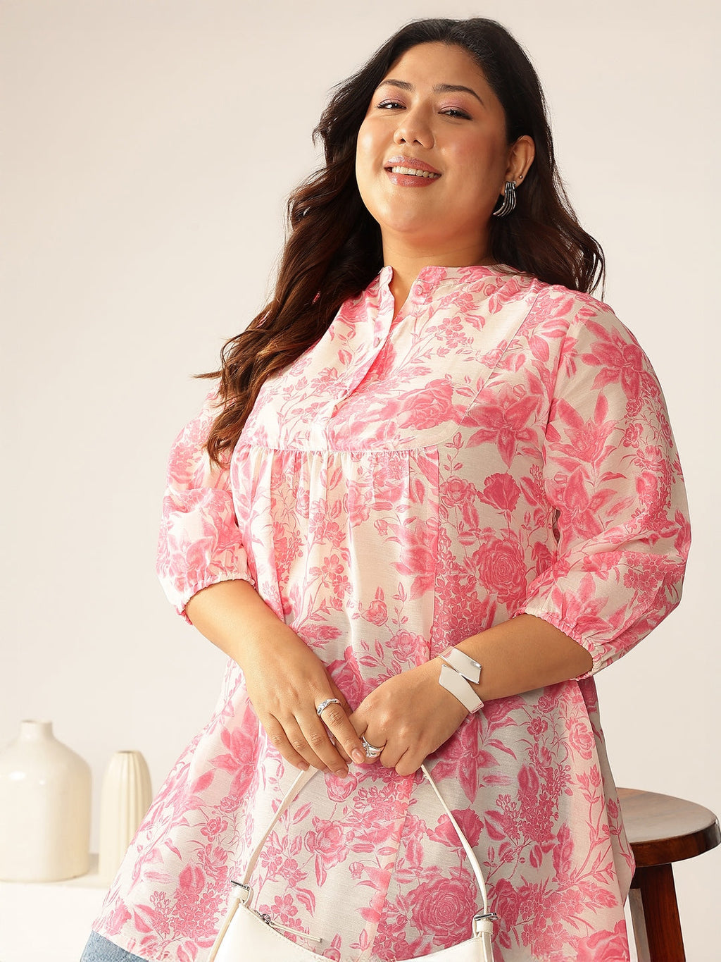 Plus Size Pink Silk Blend Floral Printed A-line Tunic