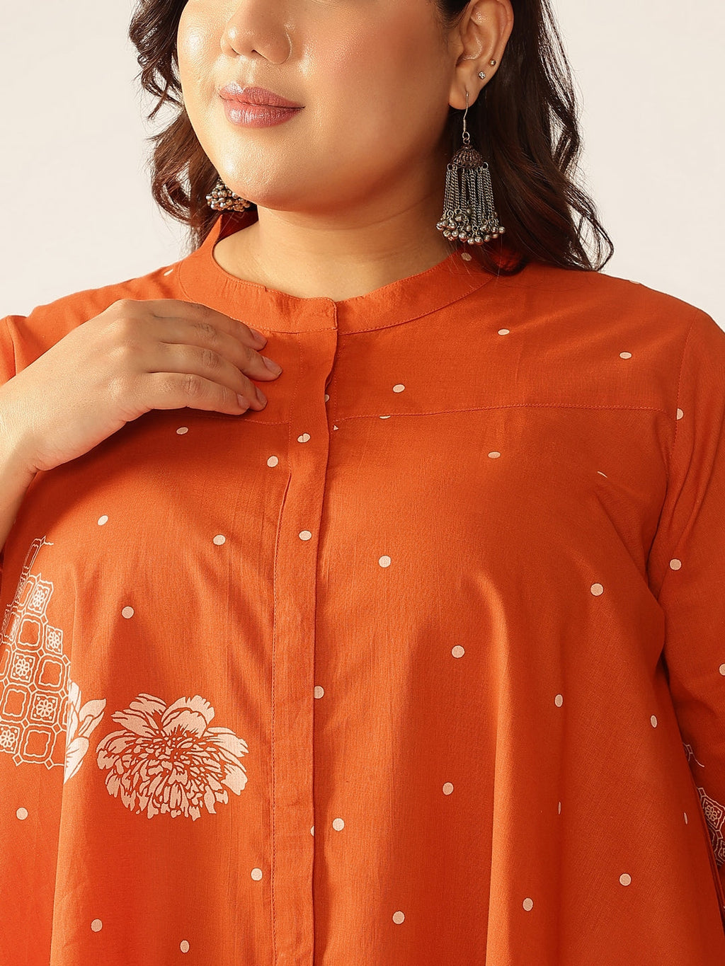 Plus Size Orange Pure Cotton Floral Printed A-line Tunic