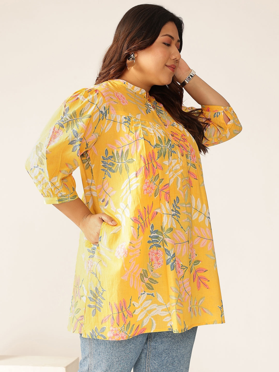 Plus Size Yellow Pure Cotton Tropical Printed A-line Tunic
