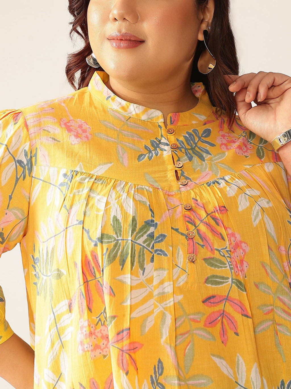 Plus Size Yellow Pure Cotton Tropical Printed A-line Tunic