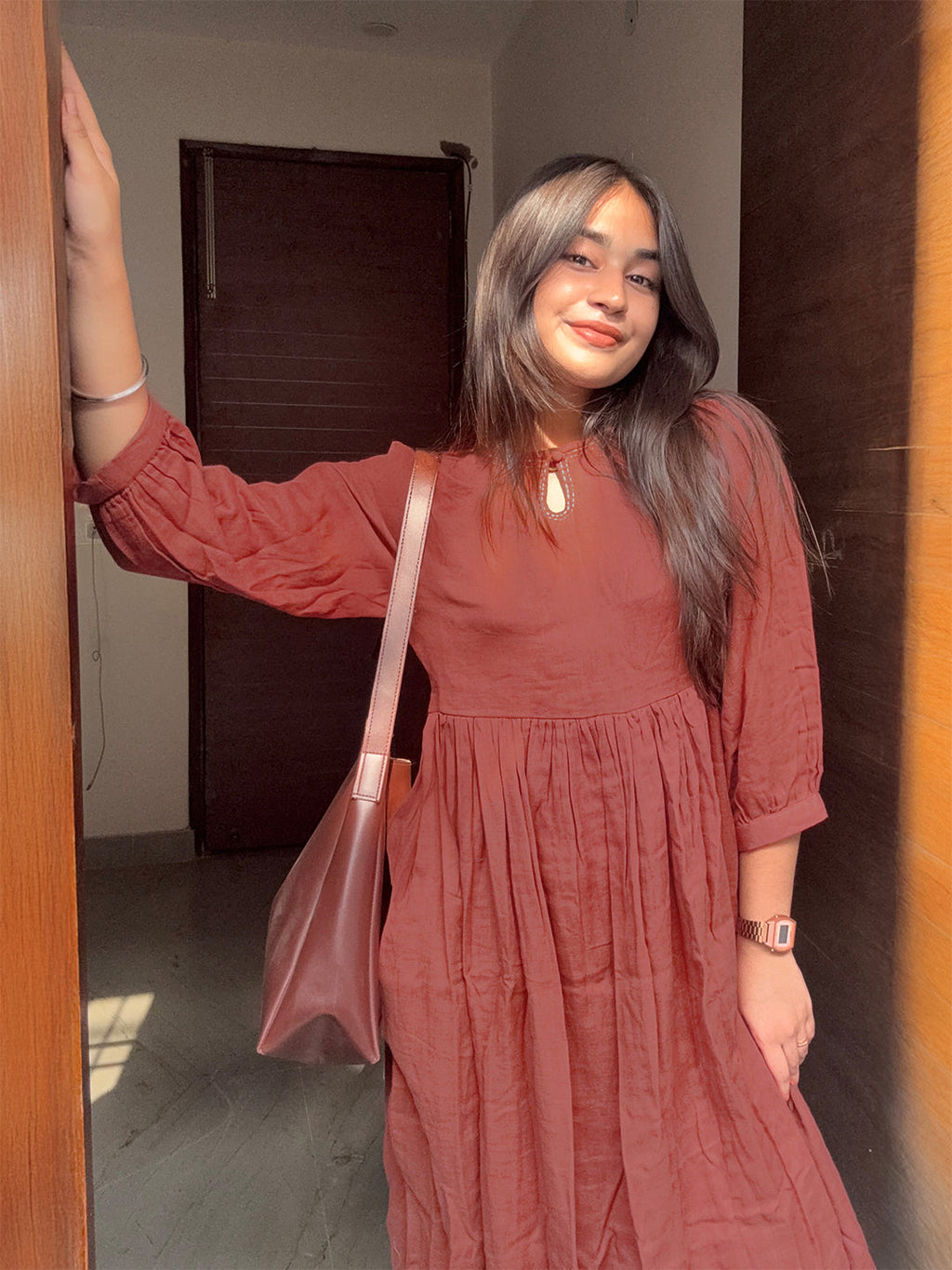 Rust Pure Cotton Solid Straight Kurta Set