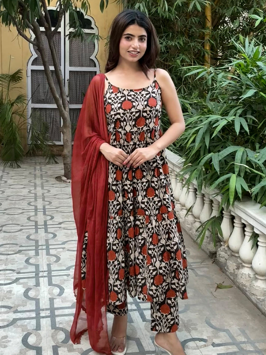 Black Pure Cotton Floral Printed Tiered Kurta Set