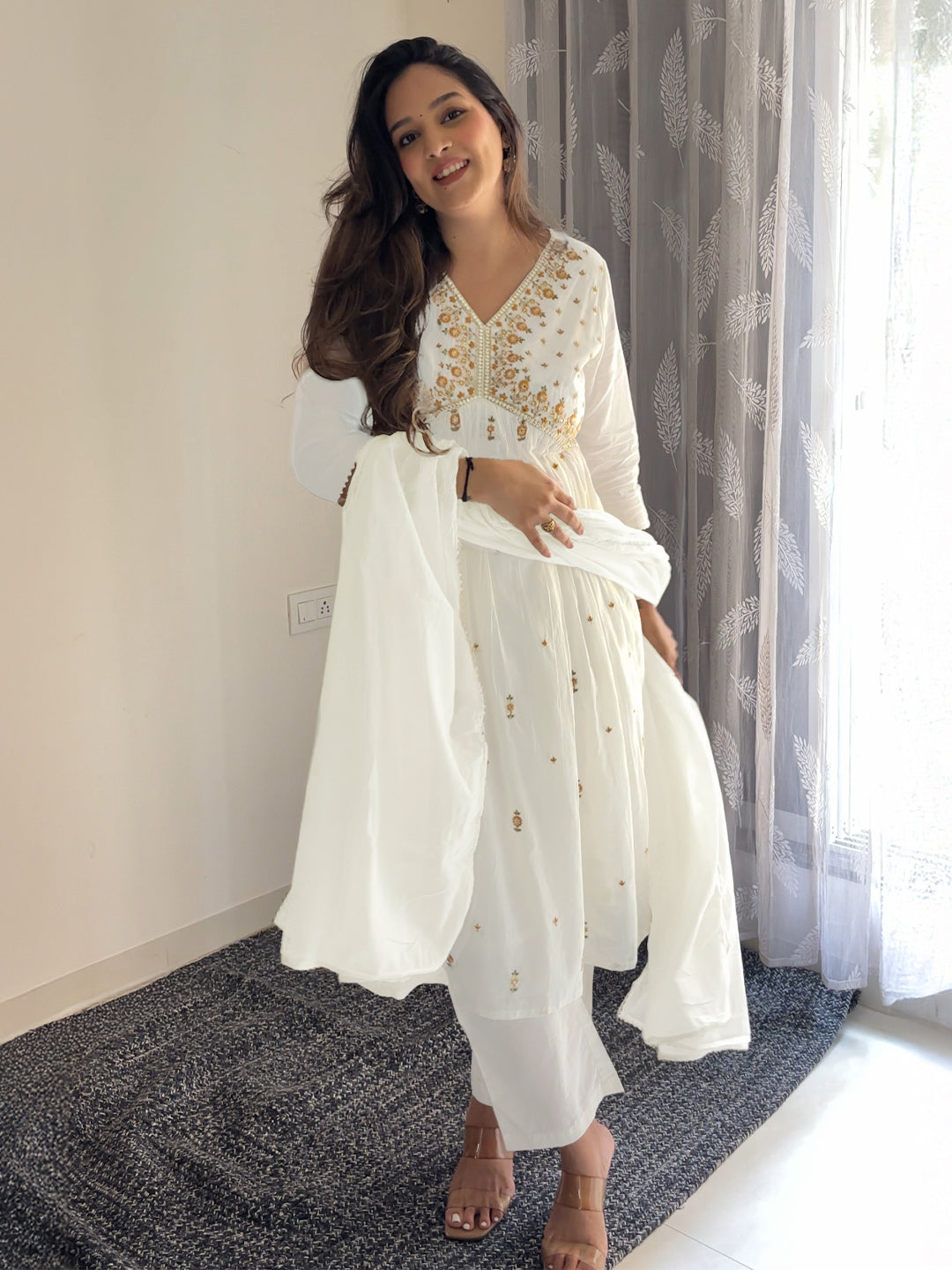 Janasya Women's Off White Pure Cotton Embroidered A-line Kurta Set