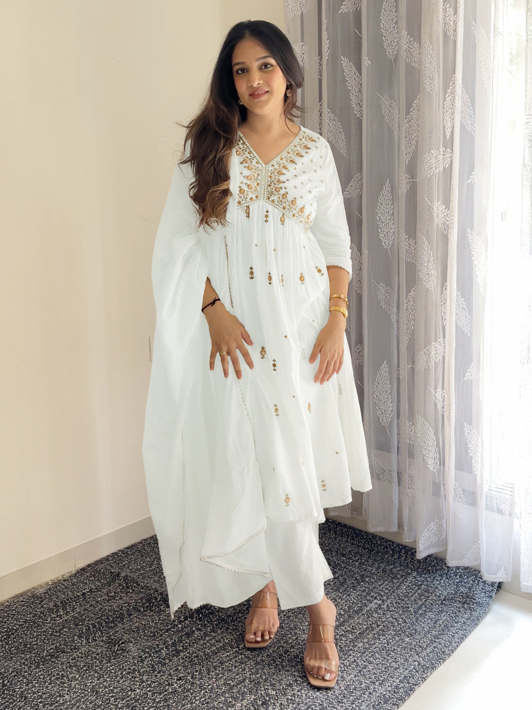 Janasya Women's Off White Pure Cotton Embroidered A-line Kurta Set