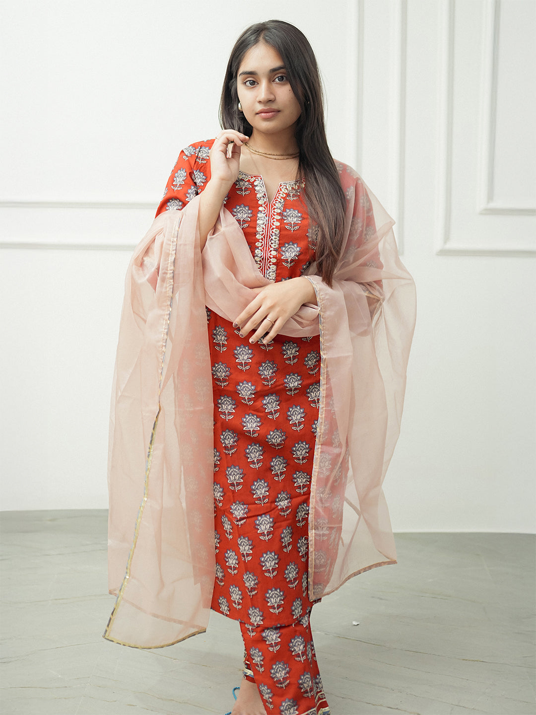 Red Pure Cotton Floral Printed Yoke Embroidered Straight Kurta Set