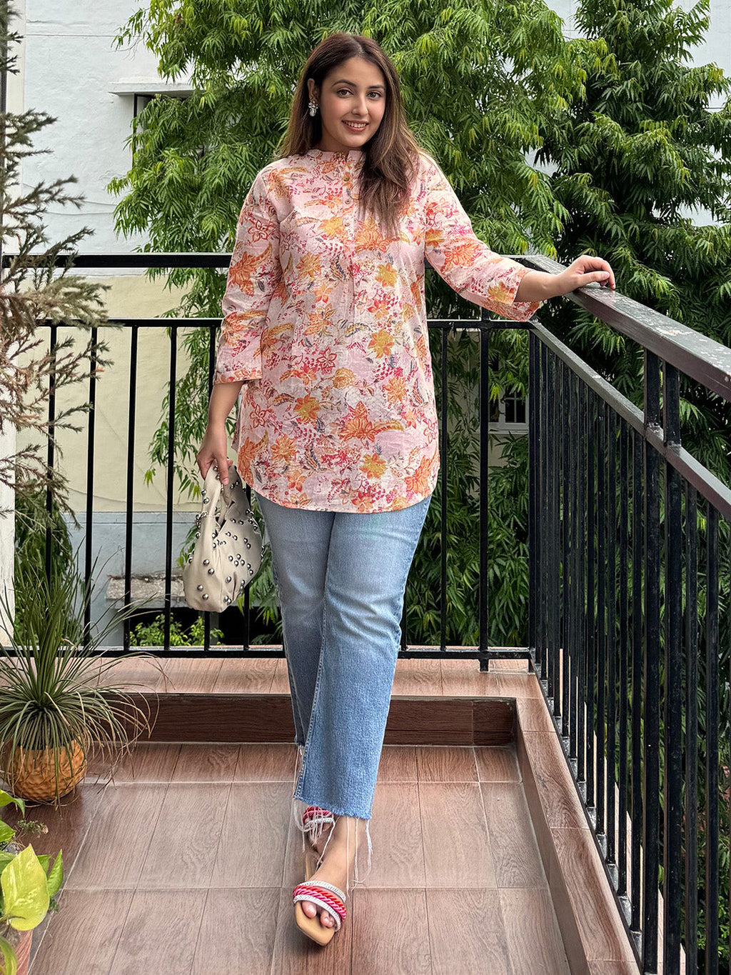 Pink Pure Cotton Floral Printed Straight Tunic