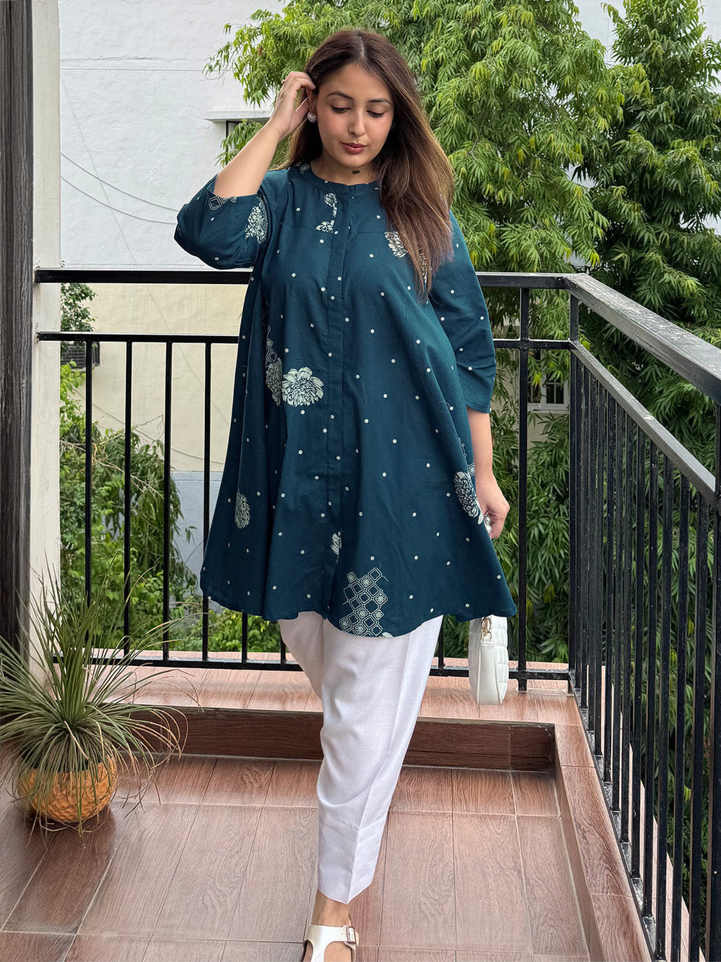 Teal Blue Pure Cotton Floral Printed Flared Tunic